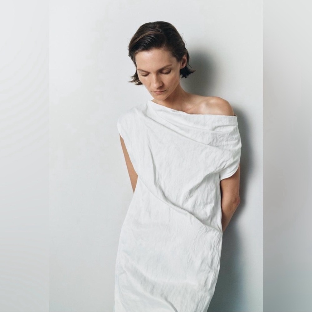 ZARA ZW Collection Asymmetric Crinkle Dress, White, XS - Picture 5 of 12